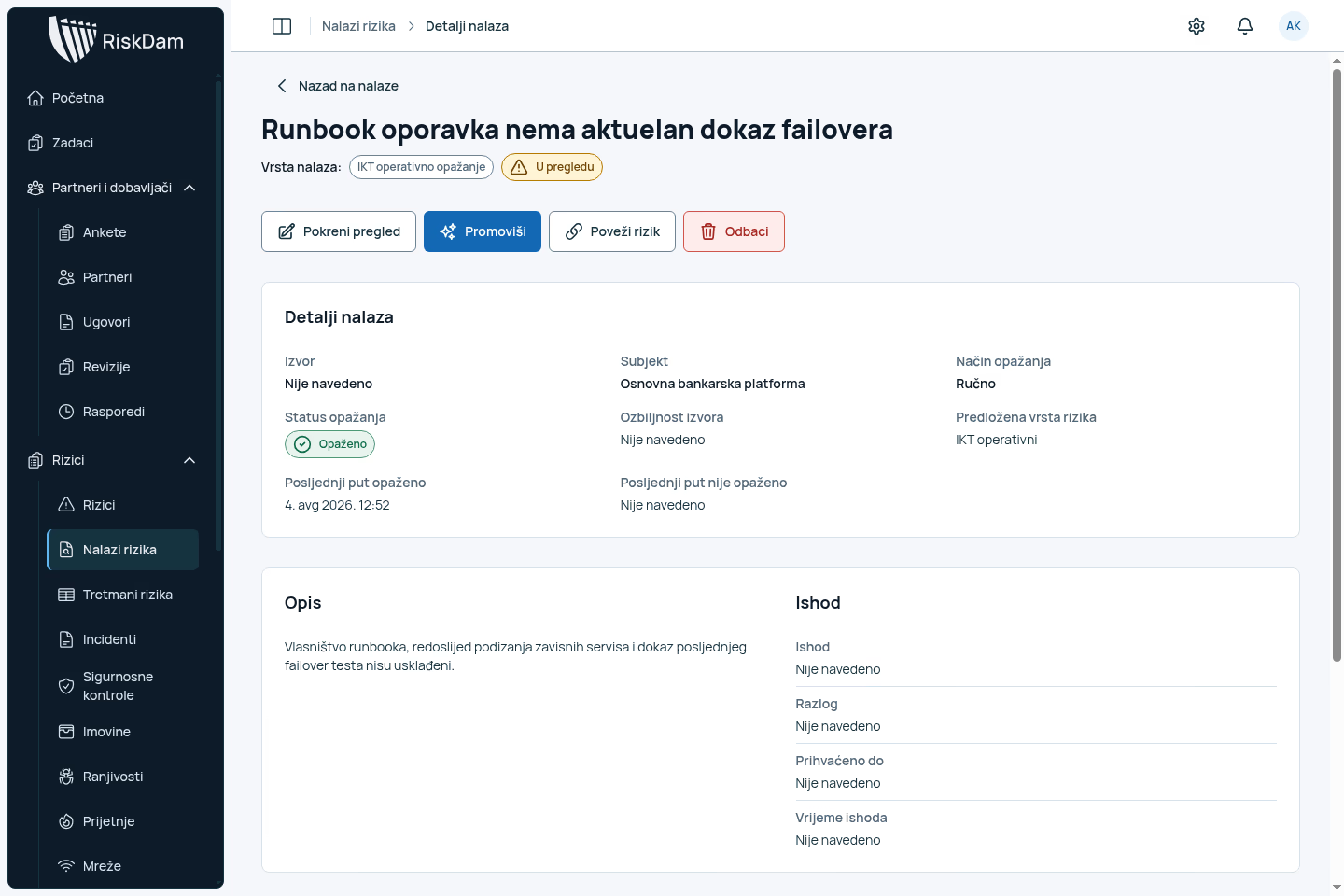 Finding under review with actions to promote it, link a risk, or discard it.