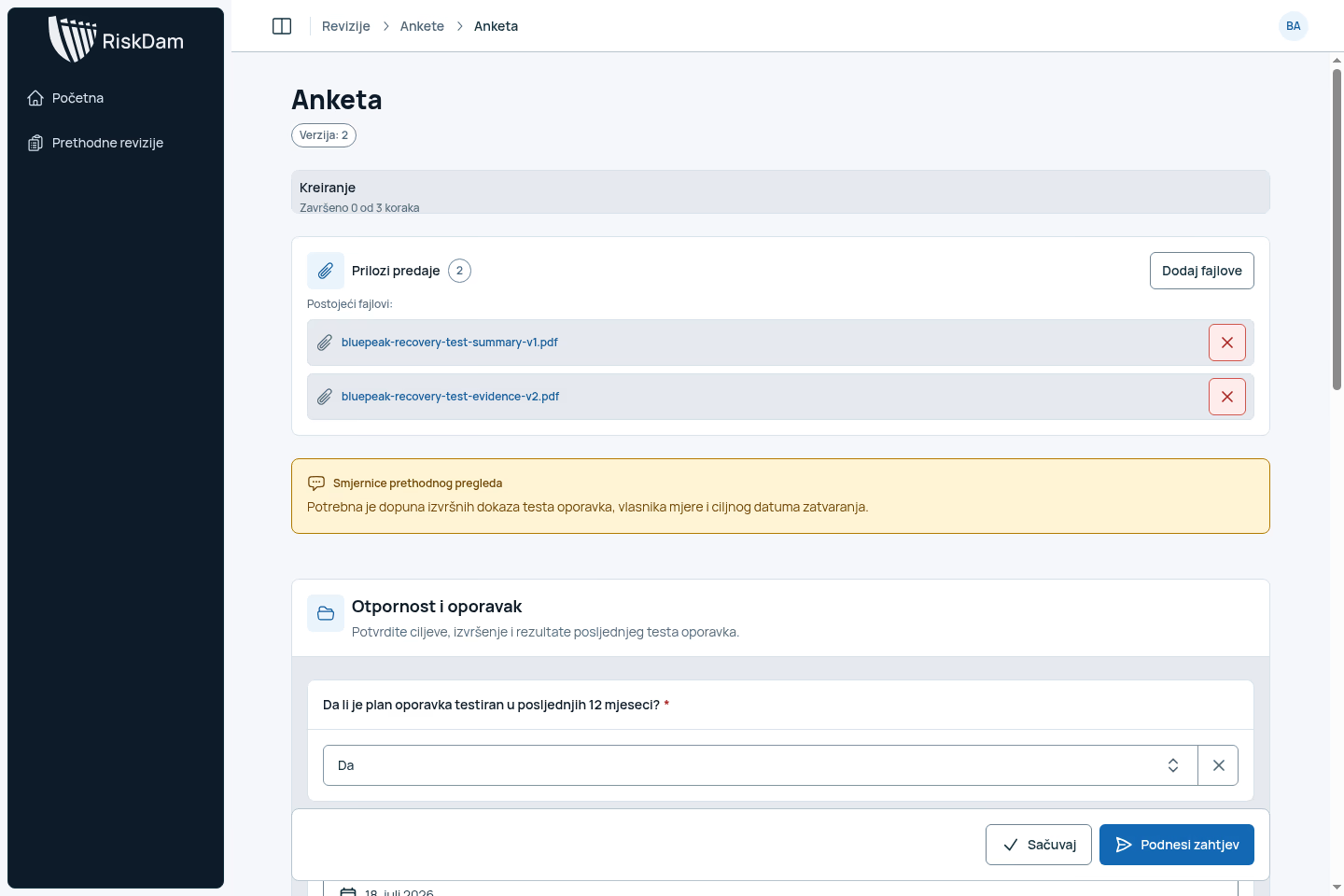 Portal pružaoca za drugu verziju upitnika s dva priloga, smjernicama prethodnog pregleda i radnjama za čuvanje i predaju.