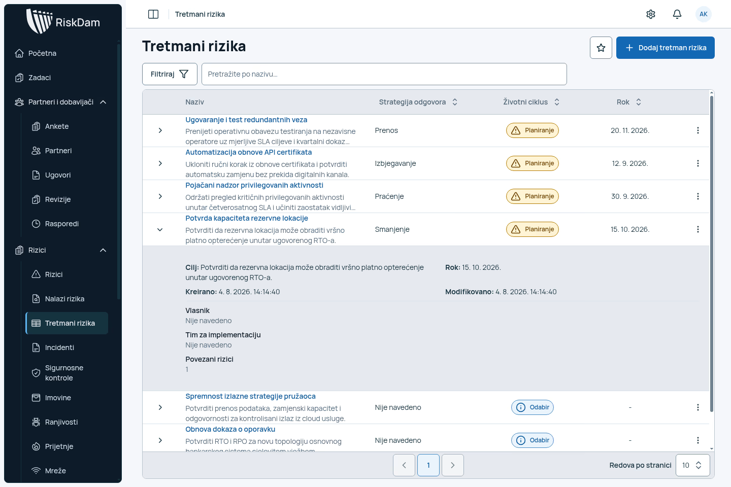 Risk treatment register with an expanded planning record showing its objective, deadline, and linked risk.